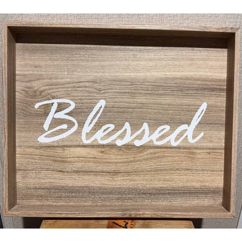 Mainstays BLESSED Wood Serving Tray 18.39" x 12.5" Rustic Farmhouse Decor